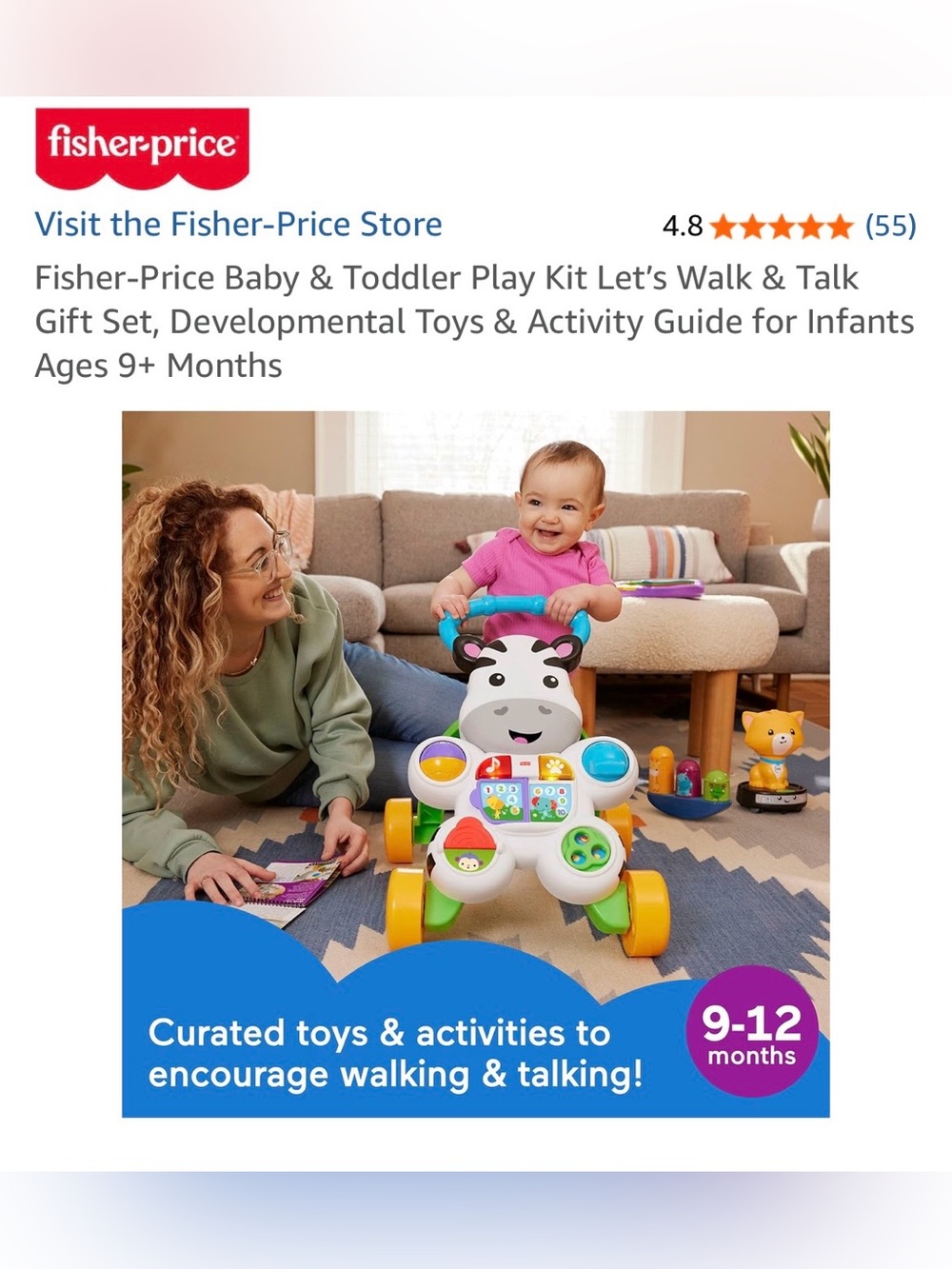 Fisher-Price Colorful Zebra Push Walker in White, Black, Blue, Yellow & Green